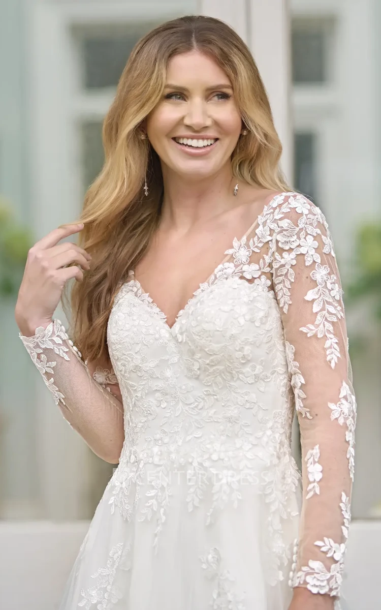 Modern Sweetheart Tea Length Lace V Neck Spring Wedding Dress Romantic Illusion Long Sleeves Gown