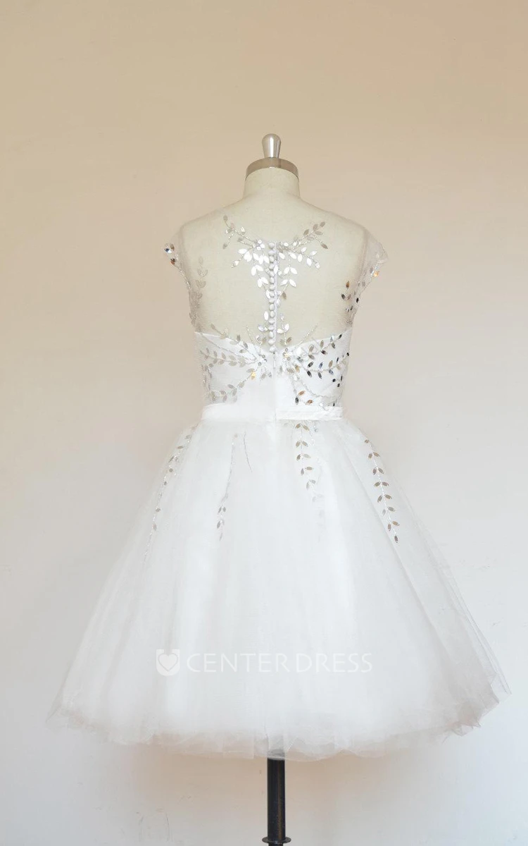 Knee-Length Cap Sleeve Tulle Satin Dress With Beading