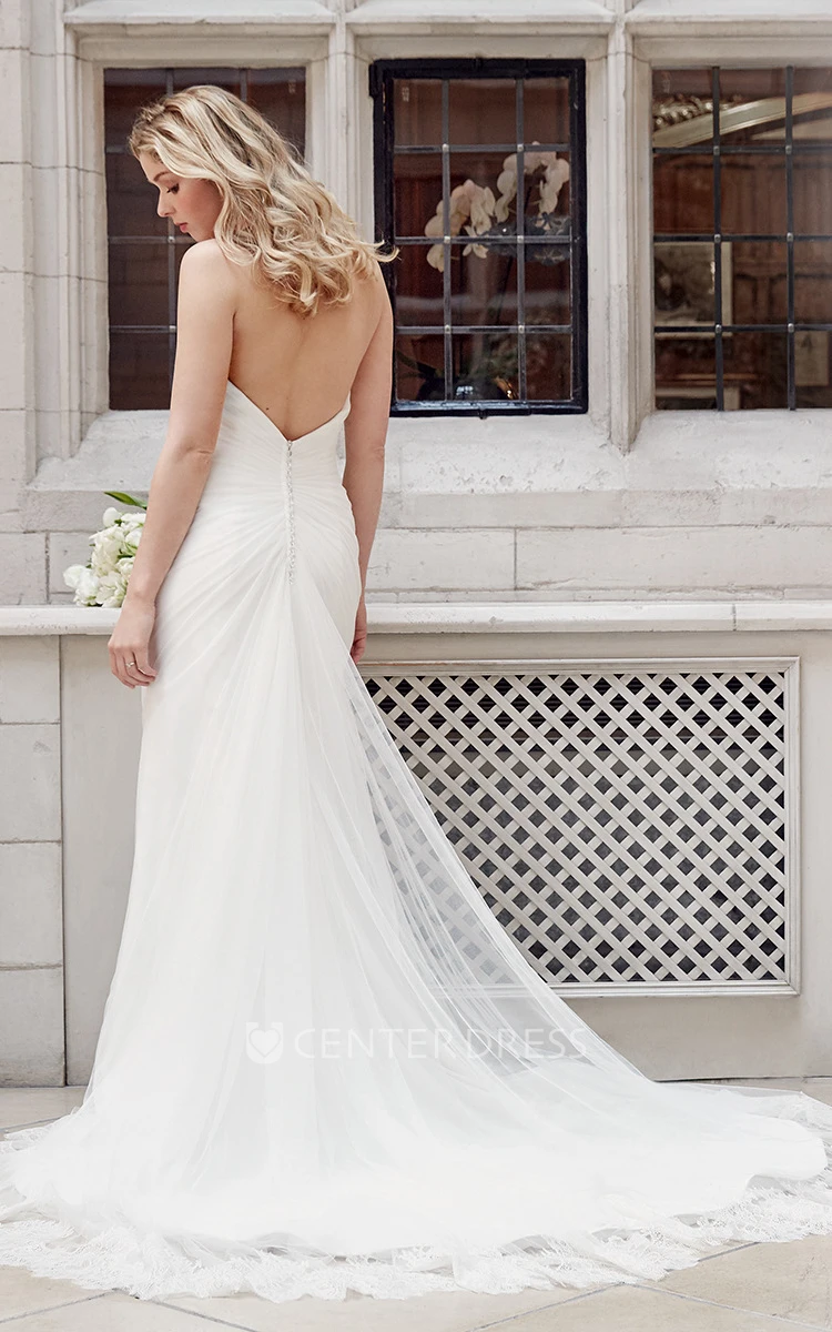 Strapless Long Side-Draped Tulle Wedding Dress With Court Train And V Back