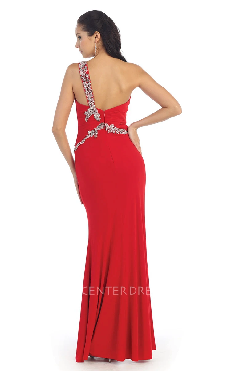 Sheath Long One-Shoulder Sleeveless Jersey Dress With Split Front And Beading