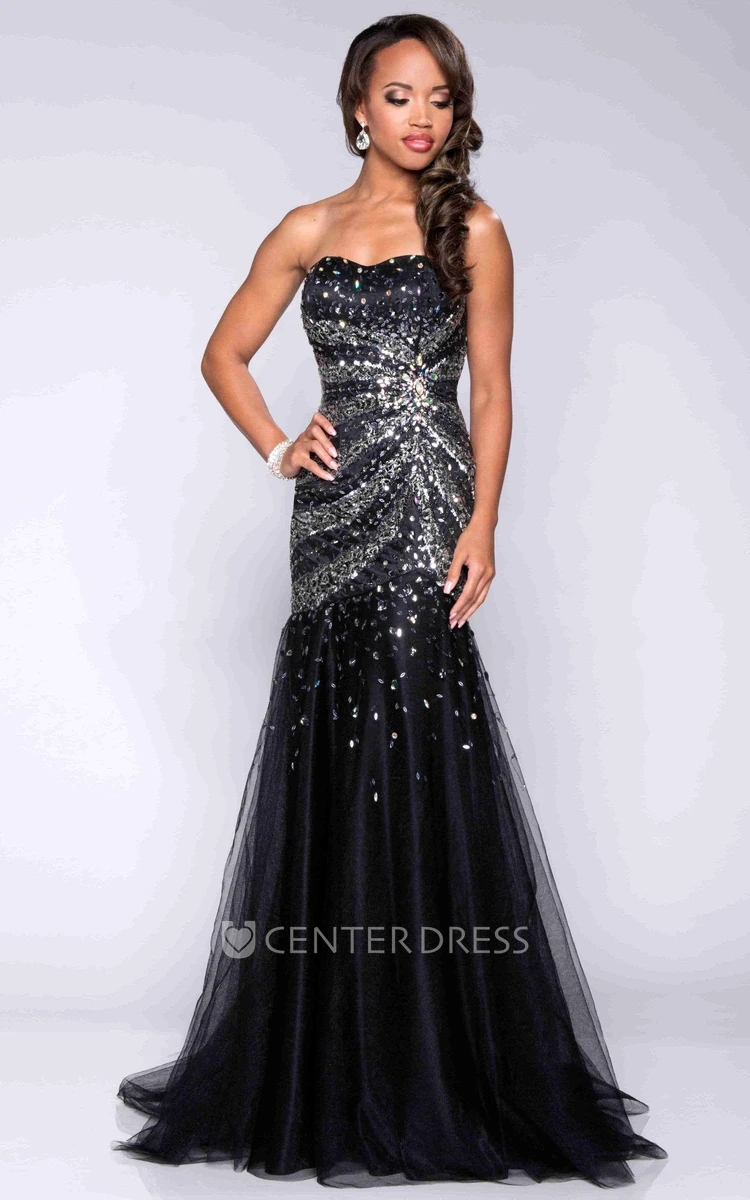 Strapless Trumpet Tulle Prom Dress With Sequins And Asymmetrical Waistline