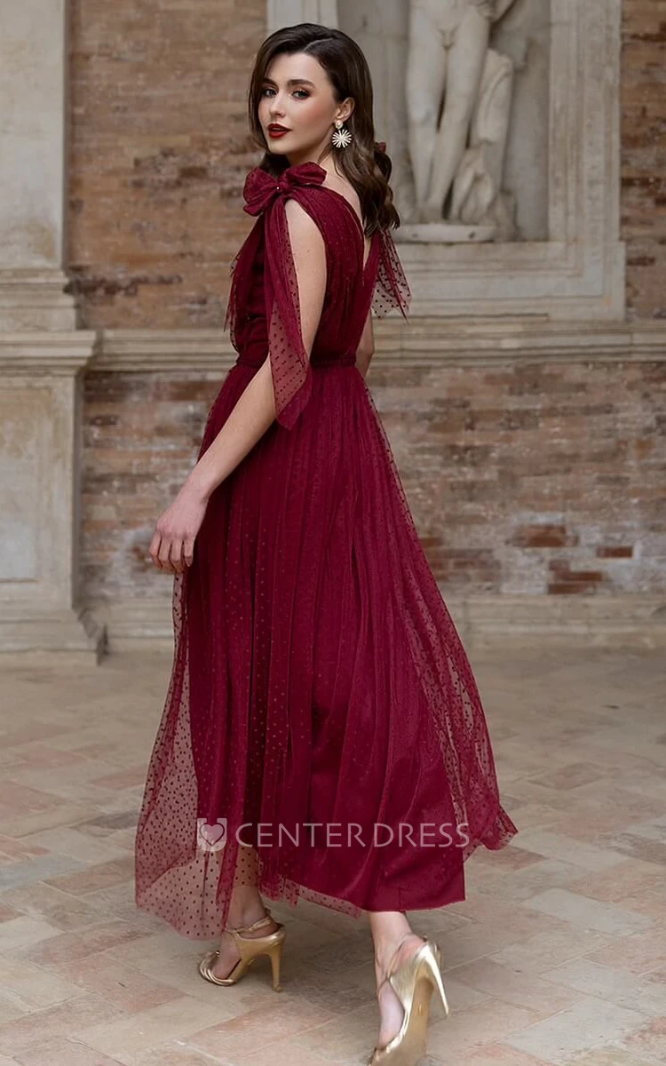 Casual Sheath Tea-length Tulle Evening Dress with V-neck Unique Dress for Any Occasion
