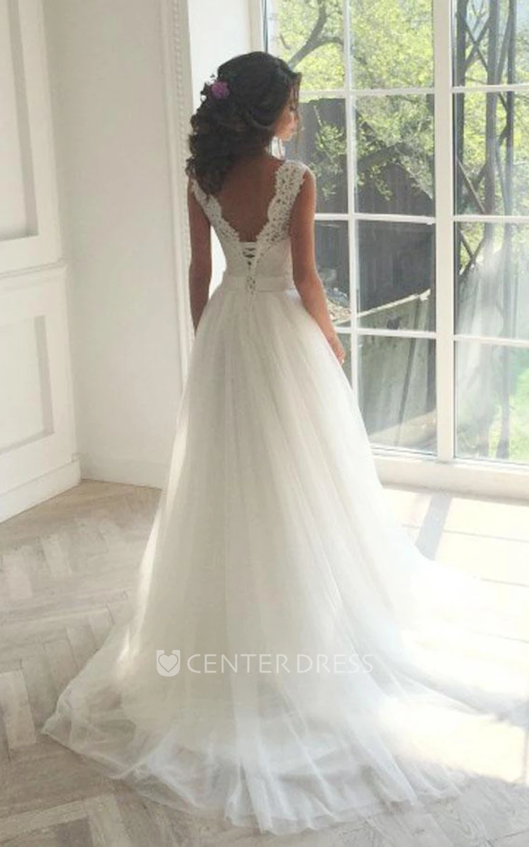 A Line Jewel Lace Tulle Lace-up Corset Back Low-V Back Wedding Gown