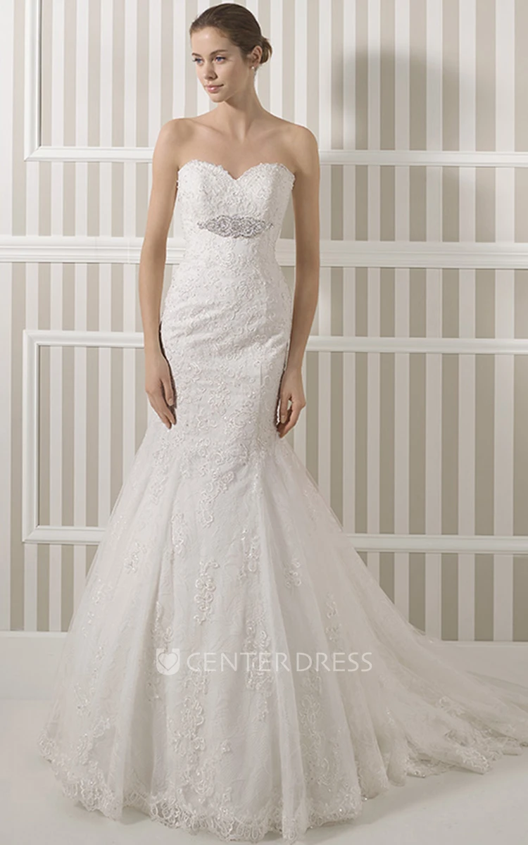 Trumpet Sweetheart Floor-Length Lace Wedding Dress With Waist Jewellery And Corset Back