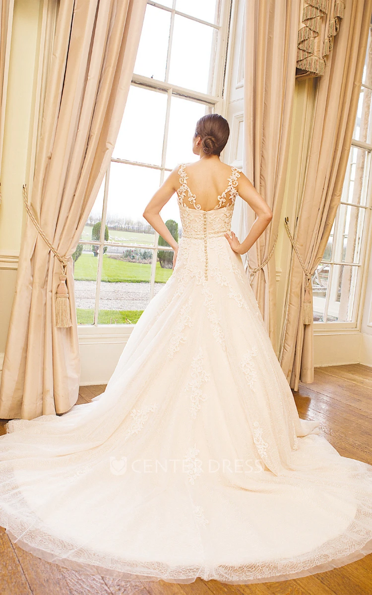 Ball-Gown Appliqued Scoop Sleeveless Long Lace Wedding Dress With Waist Jewellery