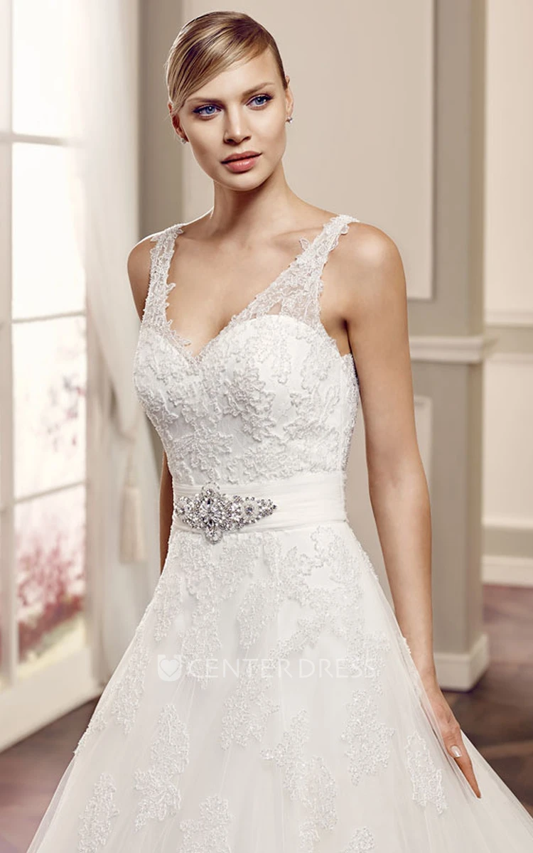 Ball-Gown Sleeveless Appliqued V-Neck Long Tulle Wedding Dress With Illusion Back And Waist Jewellery