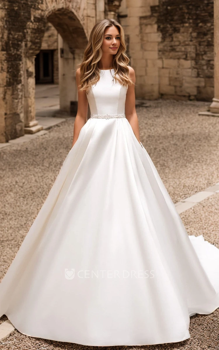 Simple Modern A-Line Satin Wedding Dress Elegant Solid Sleeveless Bridal Gown with Lace Button Back