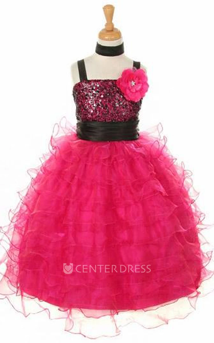 Ankle-Length Cape Floral Sequins&Organza Flower Girl Dress With Sash