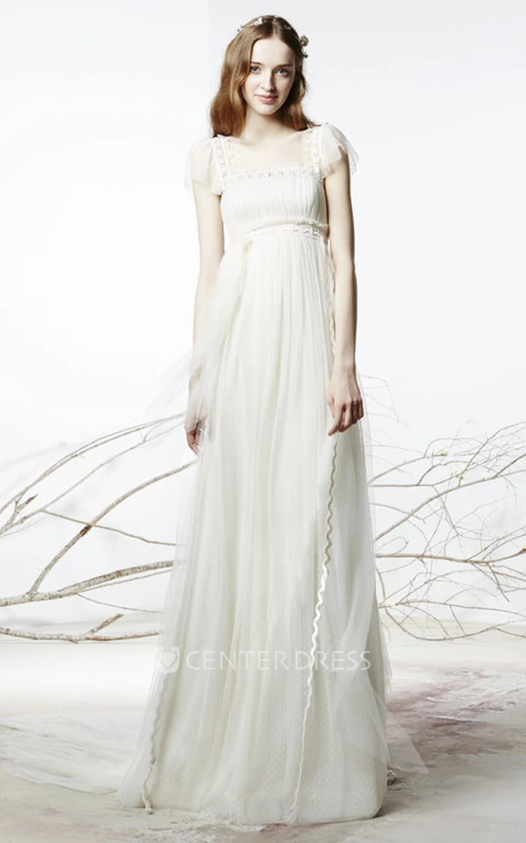 Sheath Floor-Length Square Neck Poet Sleeve Empire Tulle Wedding Dress
