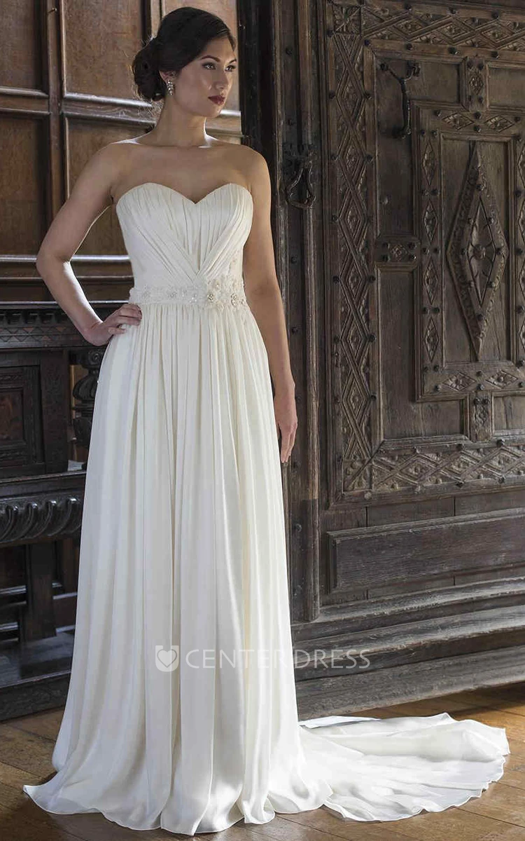 Pleated Sweetheart Maxi Chiffon Wedding Dress With Ruching And Flower