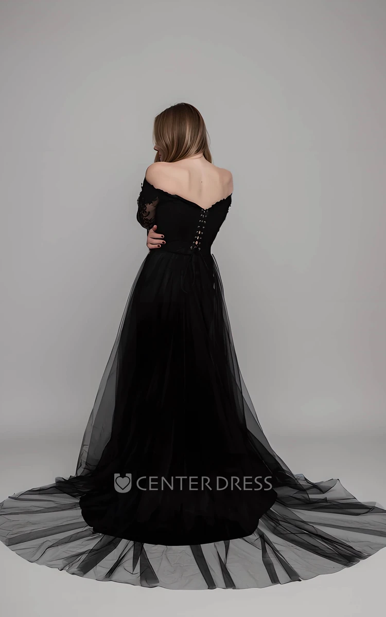 Elegant Detachable A-Line Gothic Black Boho Lace Wedding Dress Sexy Long Sleeve V-neck Bridal Gown