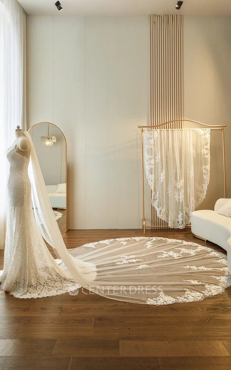 Modern Floral One-Tier Lace Edge Cathedral Length Tulle Oval Wedding Veil