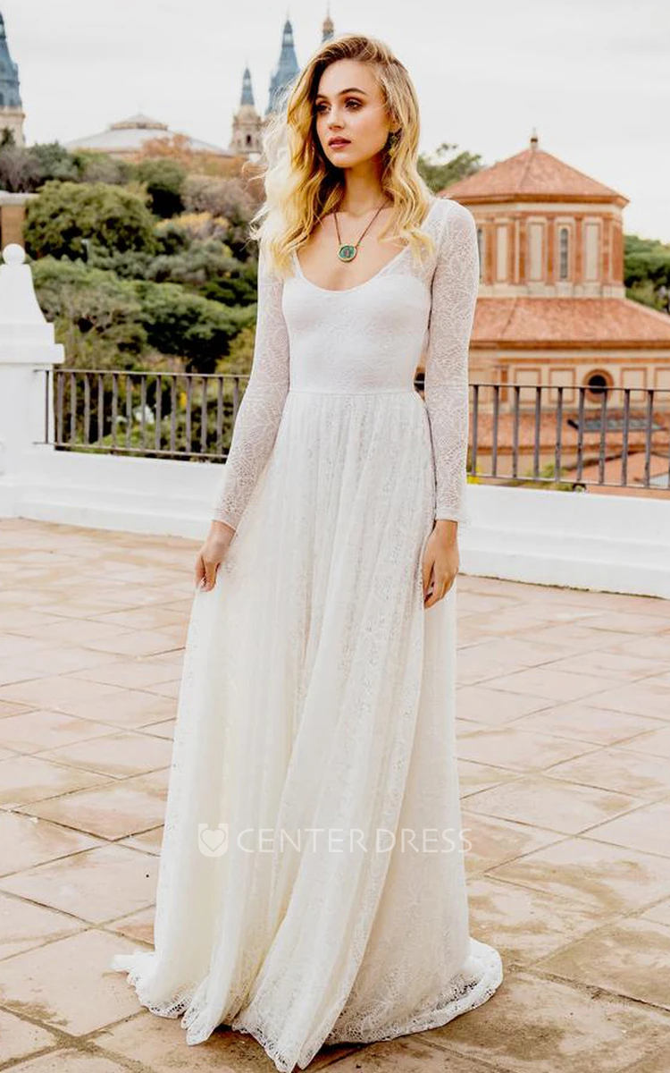 Boho A Line Scoop Neck Lace Floor-length Long Sleeve Wedding Dress with Keyhole Back