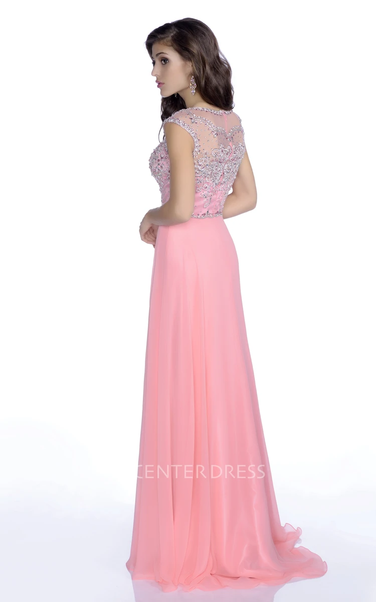 Cap Sleeve A-Line Chiffon Prom Dress Featuring Shining Rhinestone Bodice