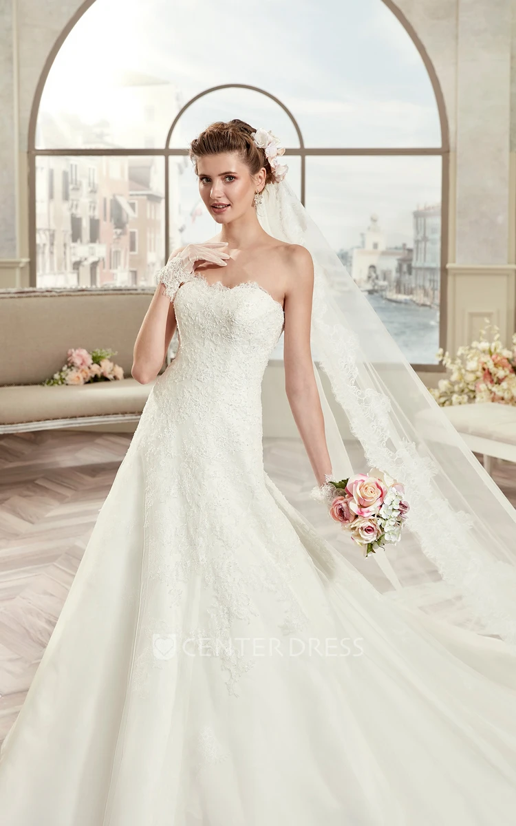Strapless A-Line Lace Bridal Gown With Open Back And Brush Train