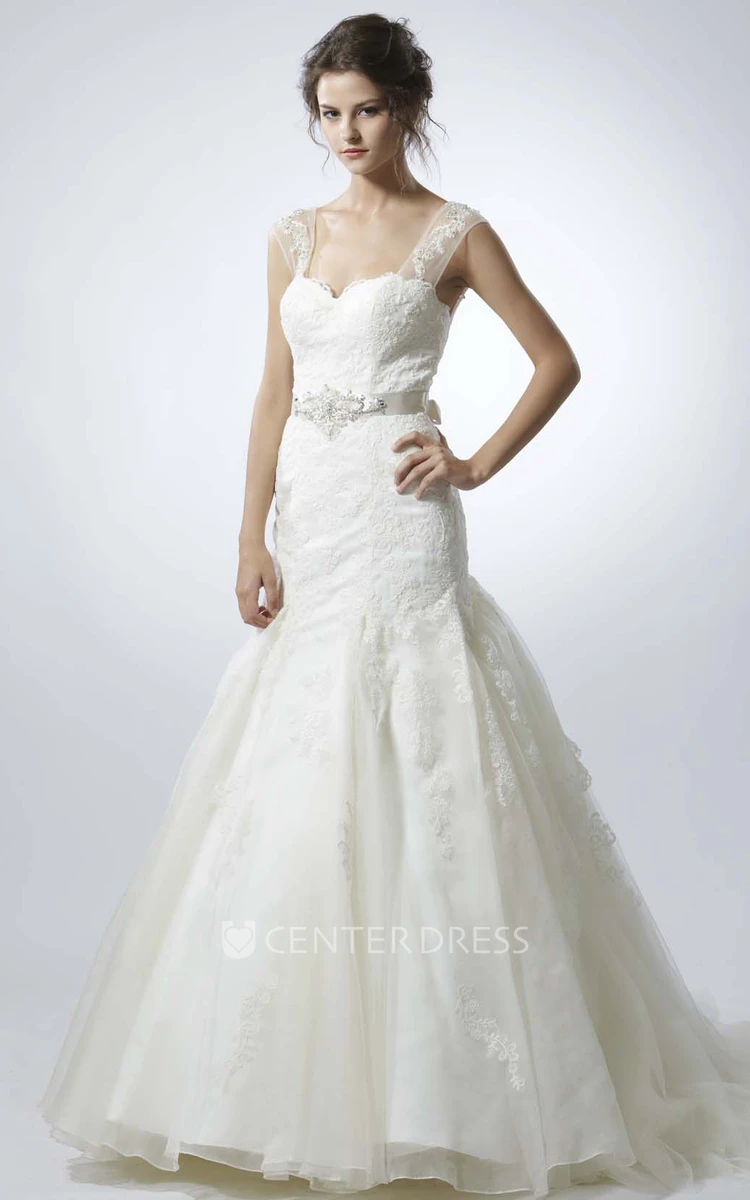 A-Line Appliqued Floor-Length Sleeveless Lace Wedding Dress With Ruffles And Waist Jewellery