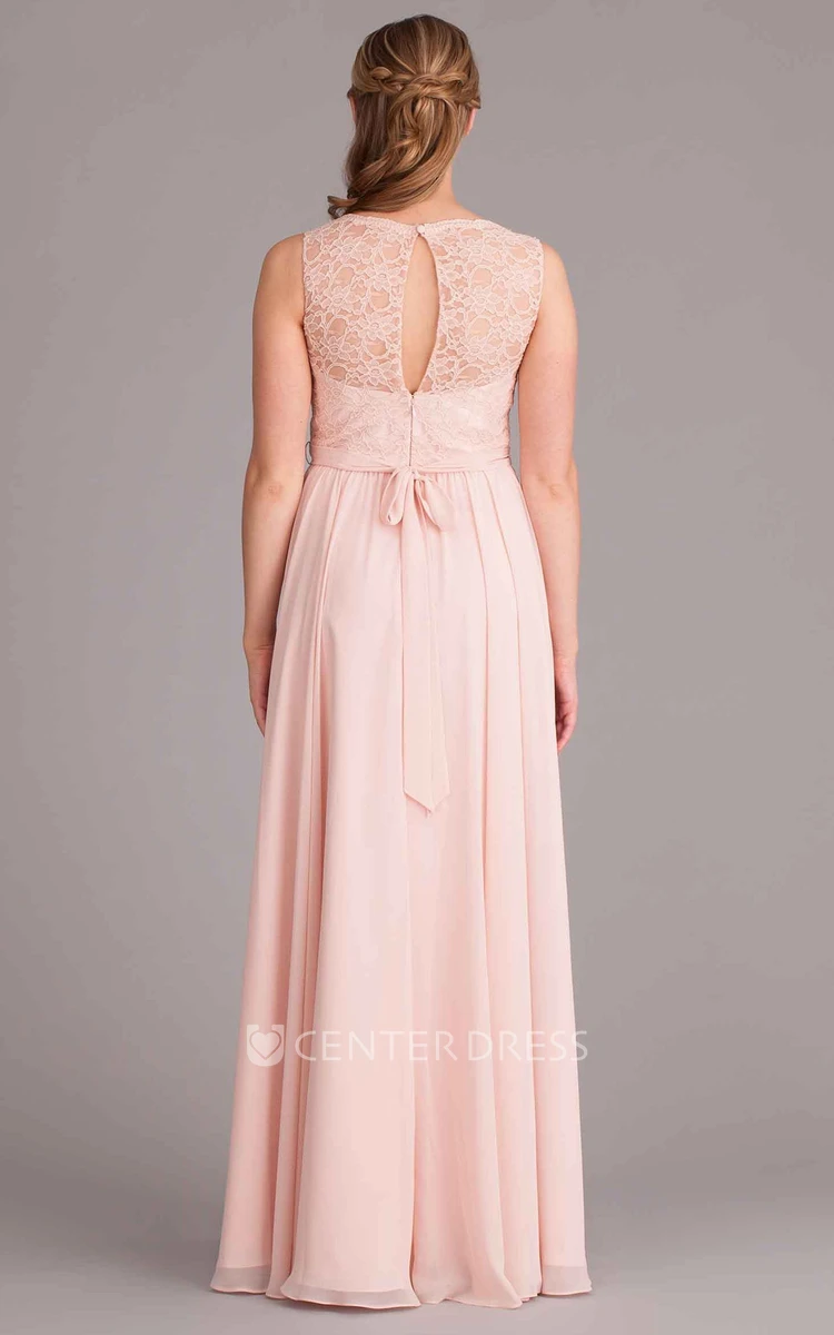 Maxi Lace V-Neck Sleeveless Chiffon Bridesmaid Dress With Bow And Keyhole