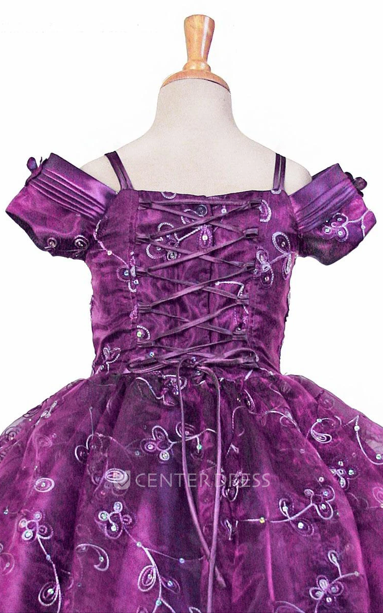Tea-Length Split-Front Pleated Lace&Sequins Flower Girl Dress With Tiers