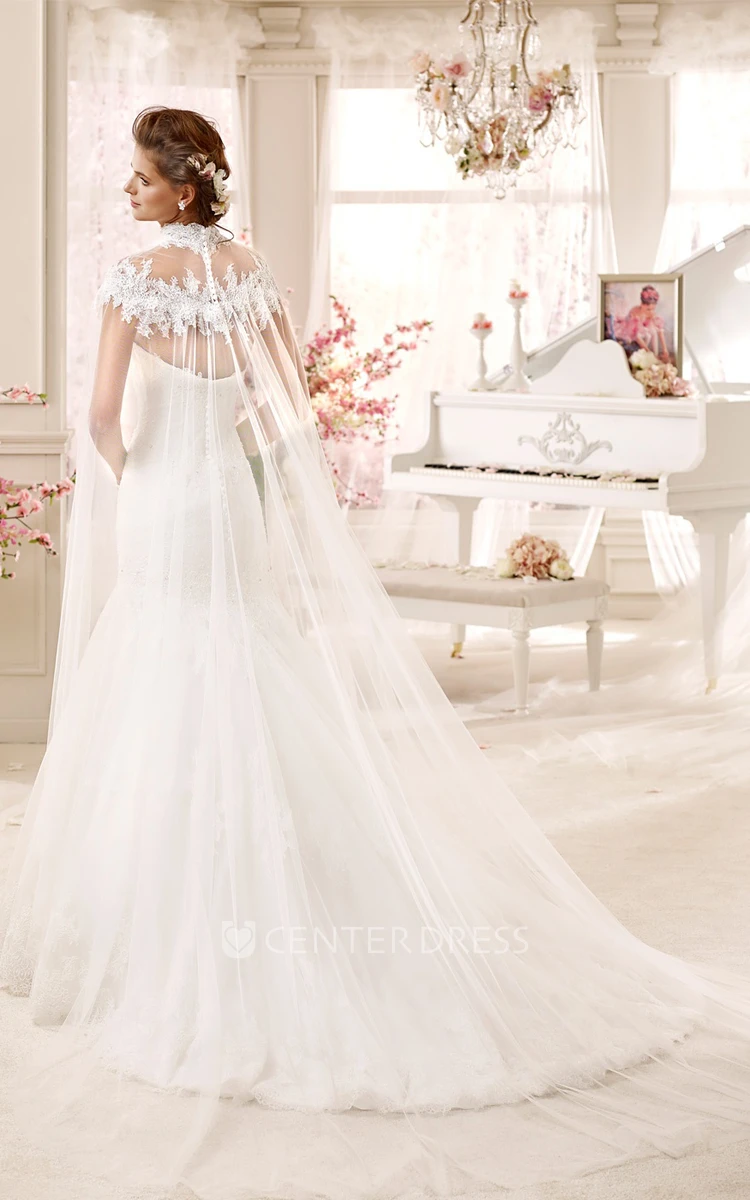 High-neck Applique Mermaid Wedding Dress with Long Tulle Cap