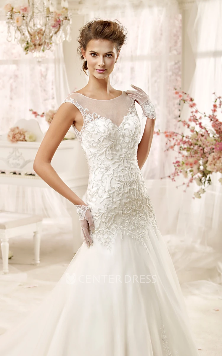 Cap sleeve Illusion Wedding Gown with Beaded Appliques and Open Back