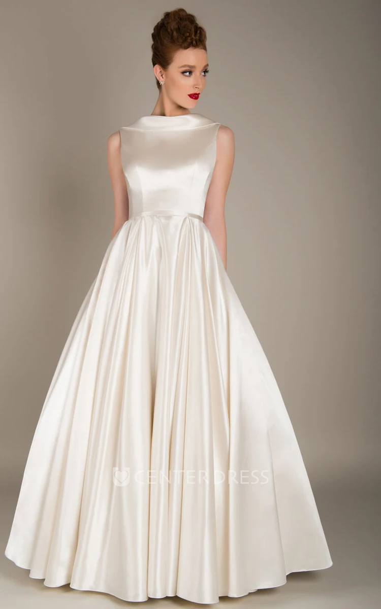 Elegant Satin A-line Jewel Neck Deep-V Back Bridal Gown
