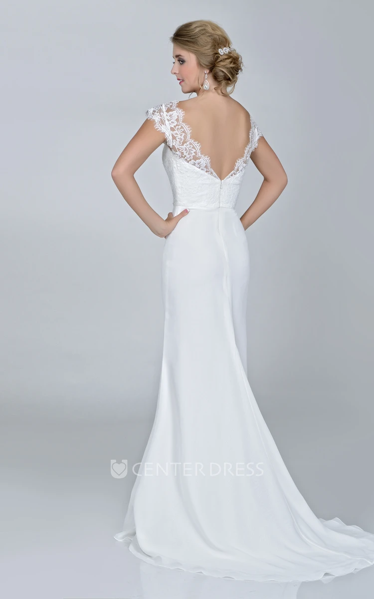 Low-V Back Cap Sleeve Lace Bodice Chiffon Wedding Dress With Beaded Waist