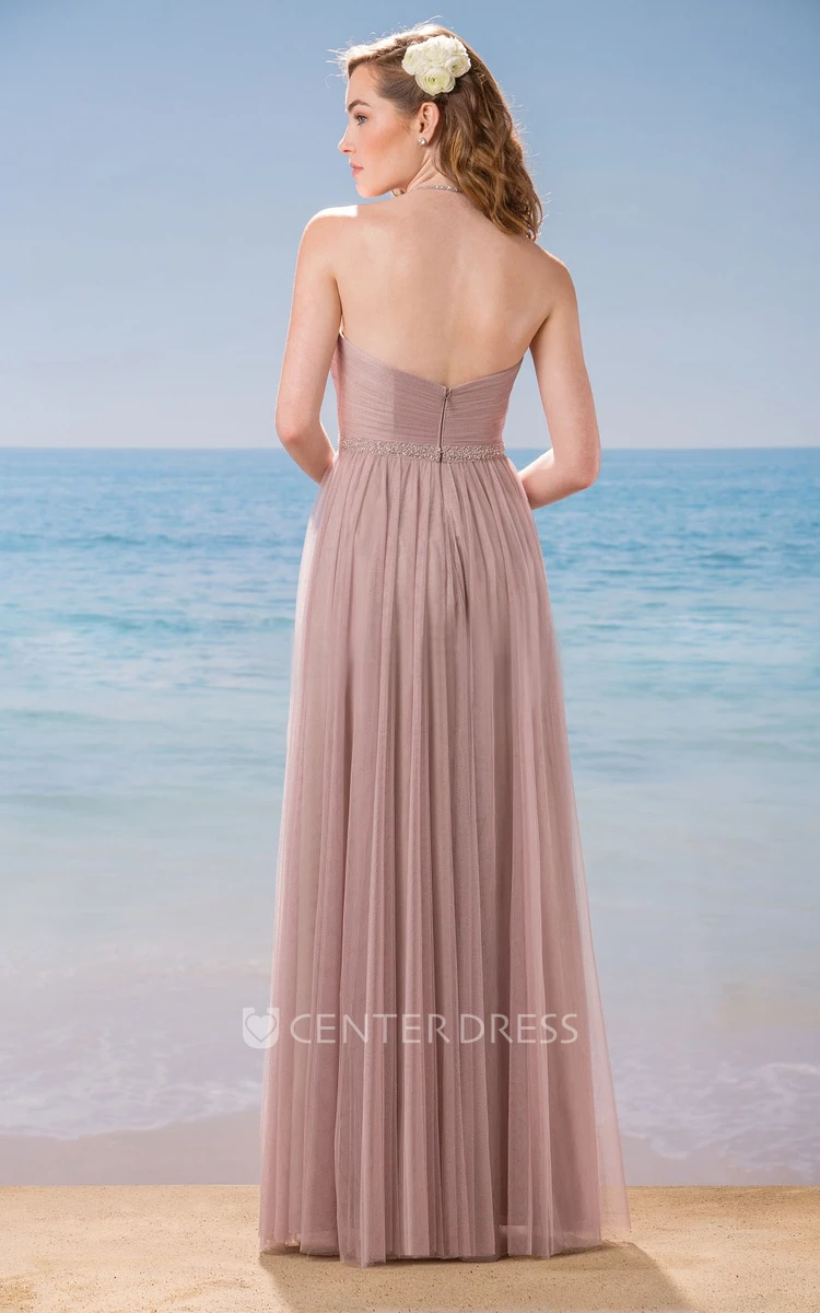 Halter A-Line Long Bridesmaid Dress With Ruching And Sequins