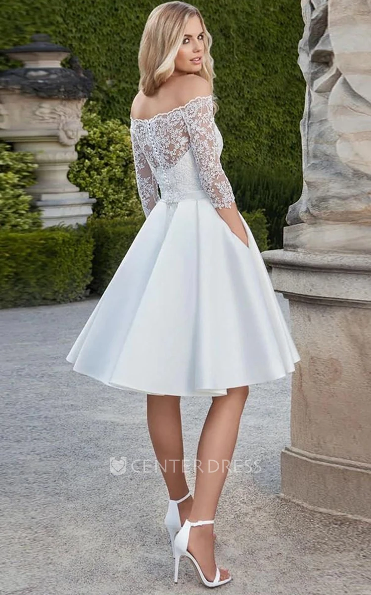 A Line Satin Off-the-shoulder Knee-length Wedding Dress with Sash