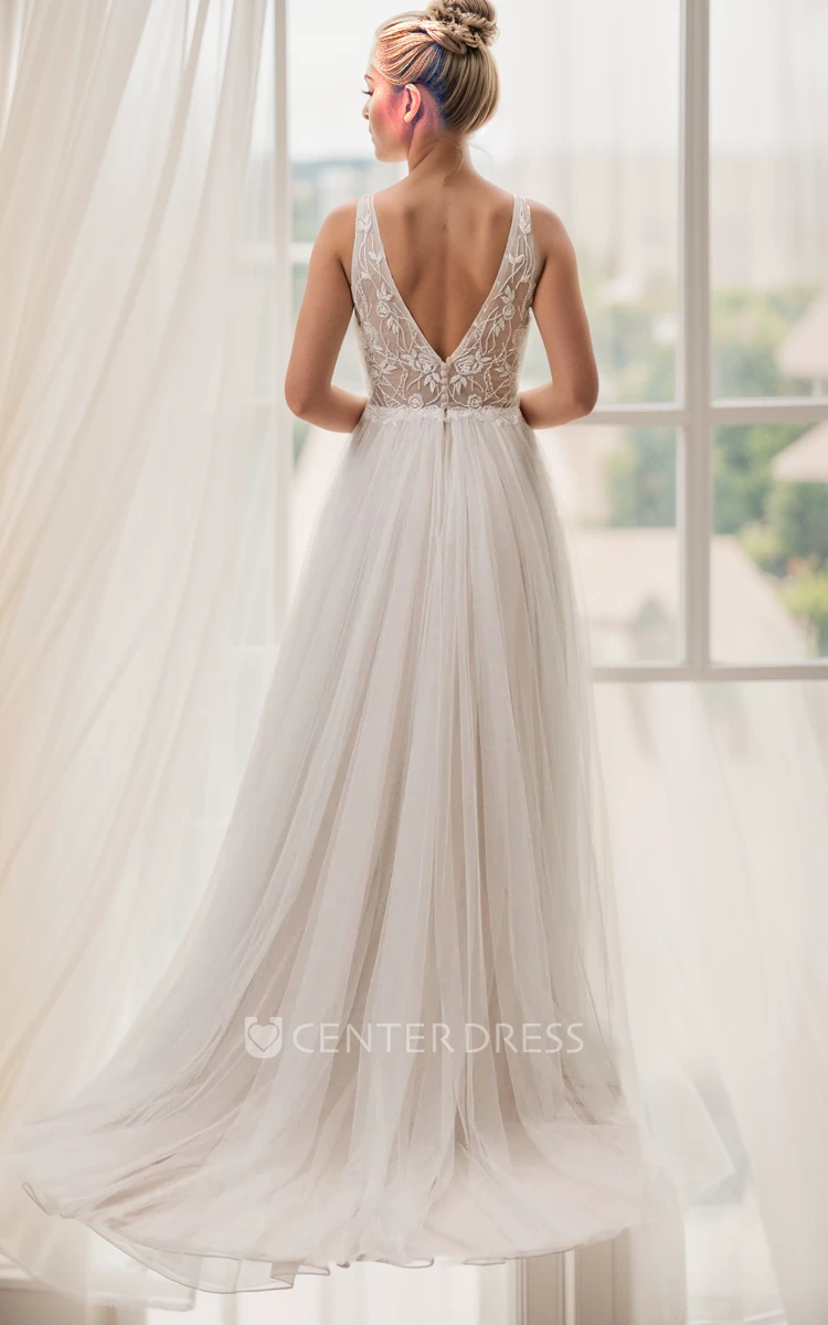 Modest A-Line V-Neck Floor-Length Simple Elegant Deep-V Back Wedding Dress with Sweep Train