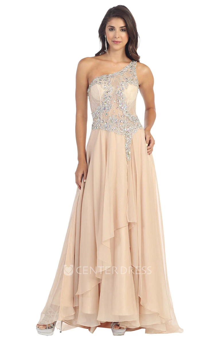 A-Line Maxi One-Shoulder Sleeveless Chiffon Illusion Dress With Lace And Draping