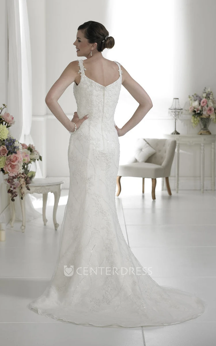 A-Line Sleeveless Appliqued Floor-Length Lace Wedding Dress With Low-V Back And Sweep Train