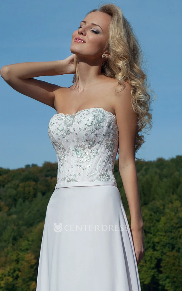 A-Line Floor-Length Sequined Sleeveless Strapless Chiffon Prom Dress