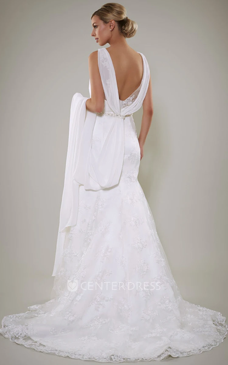 Sheath Scoop Sleeveless Long Appliqued Satin Wedding Dress With Low-V Back And Waist Jewellery