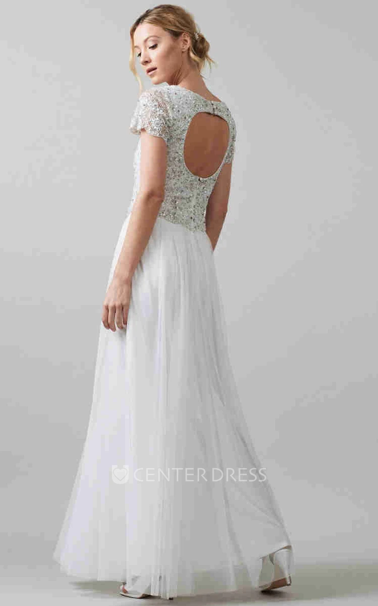 Sheath Short-Sleeve Long V-Neck Chiffon Wedding Dress With Sequins And Keyhole
