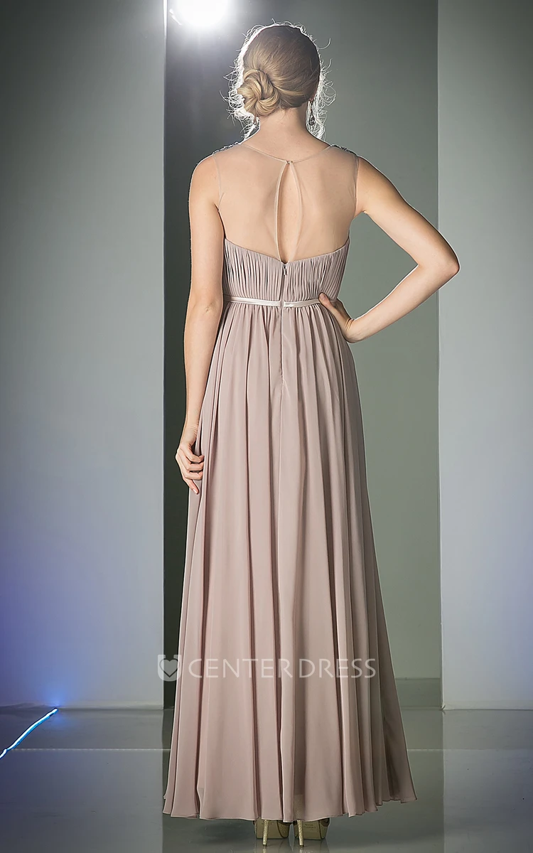 A-Line Ankle-Length Scoop-Neck Chiffon Illusion Dress With Ruching And Beading
