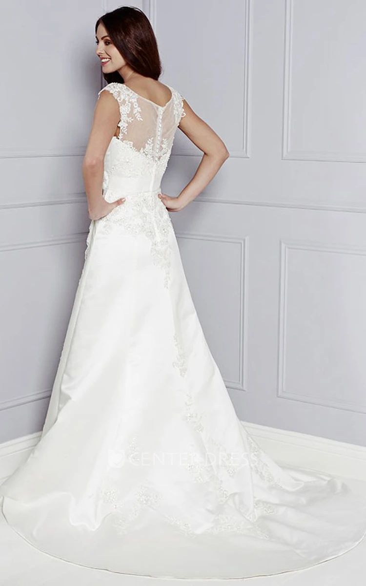 A-Line Cap-Sleeve Appliqued Bateau-Neck Maxi Taffeta Wedding Dress
