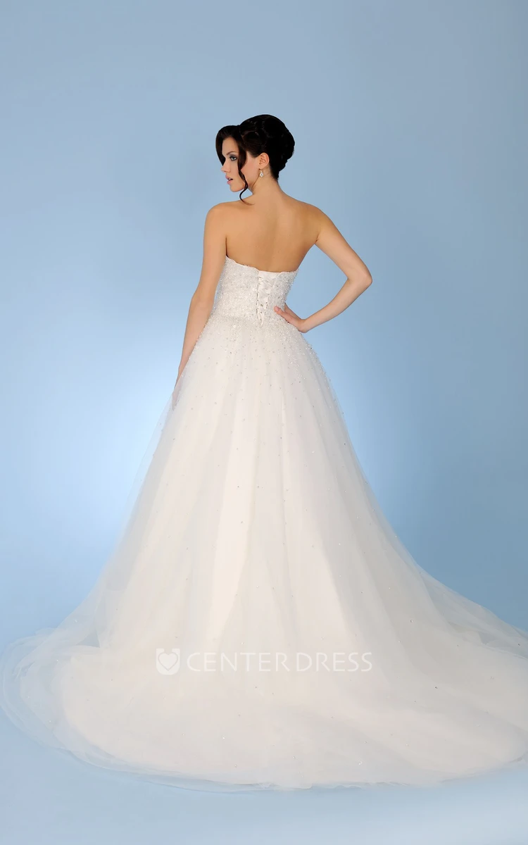 A-Line Floor-Length Sweetheart Tulle Wedding Dress With Crystal Detailing And Corset Back