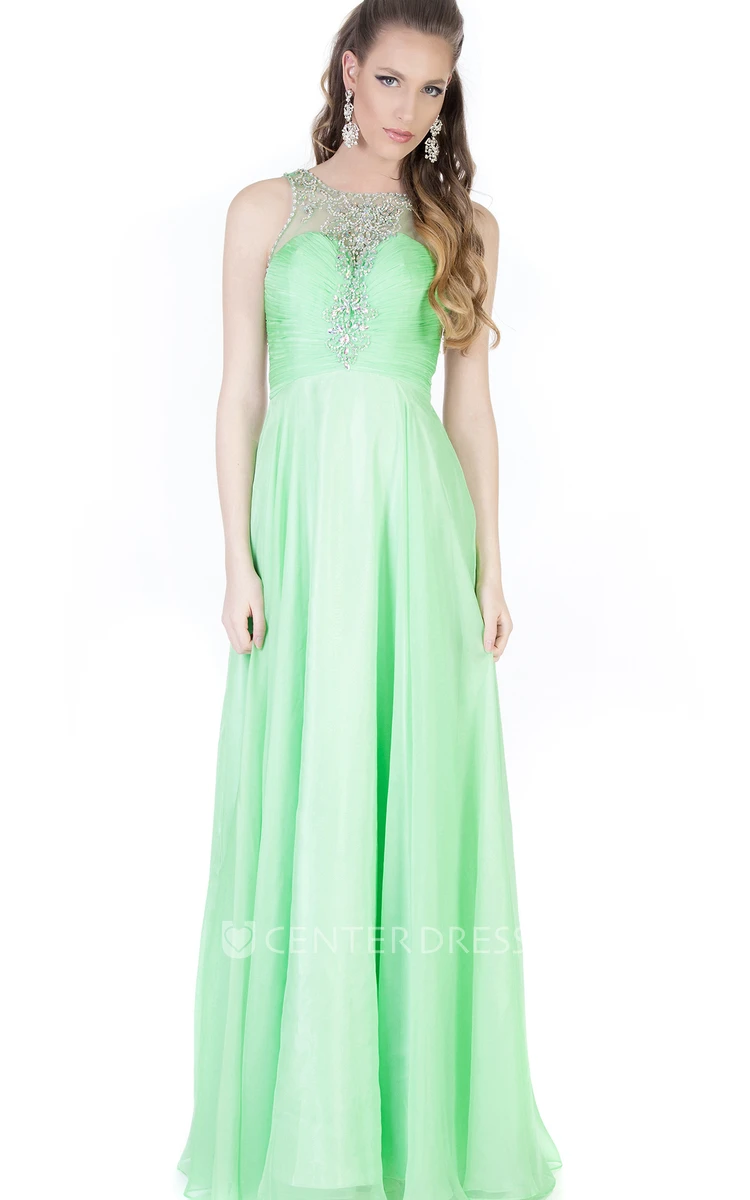 A-Line Floor-Length Beaded Sleeveless Jewel-Neck Chiffon&Satin Evening Dress With Ruching