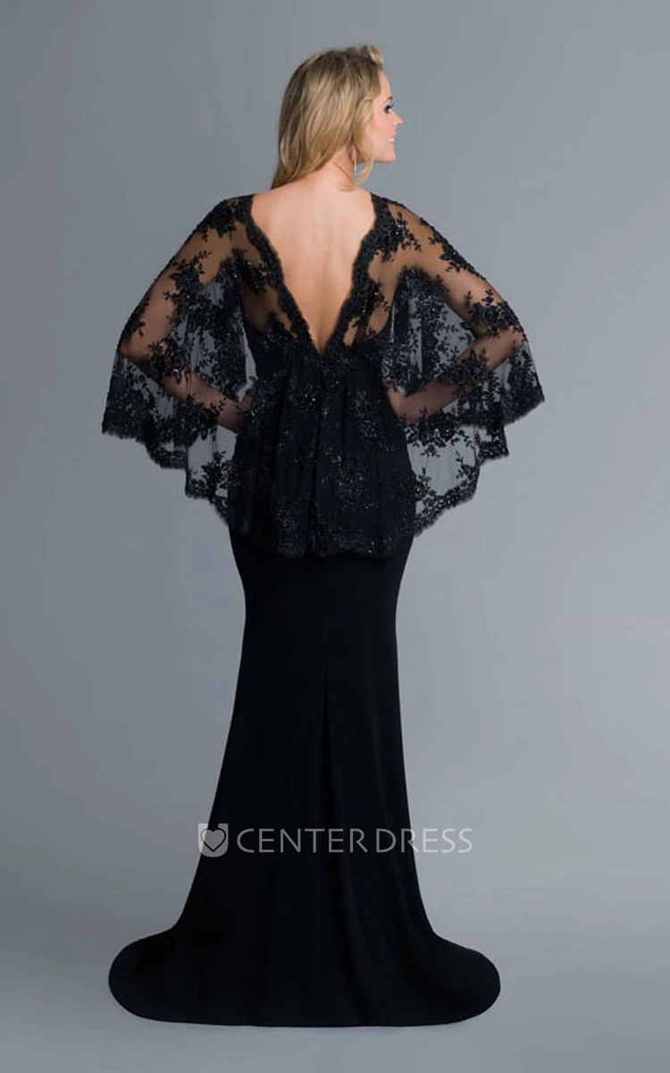 Sheath Long Jersey Deep-V Back Dress With Lace And Cape