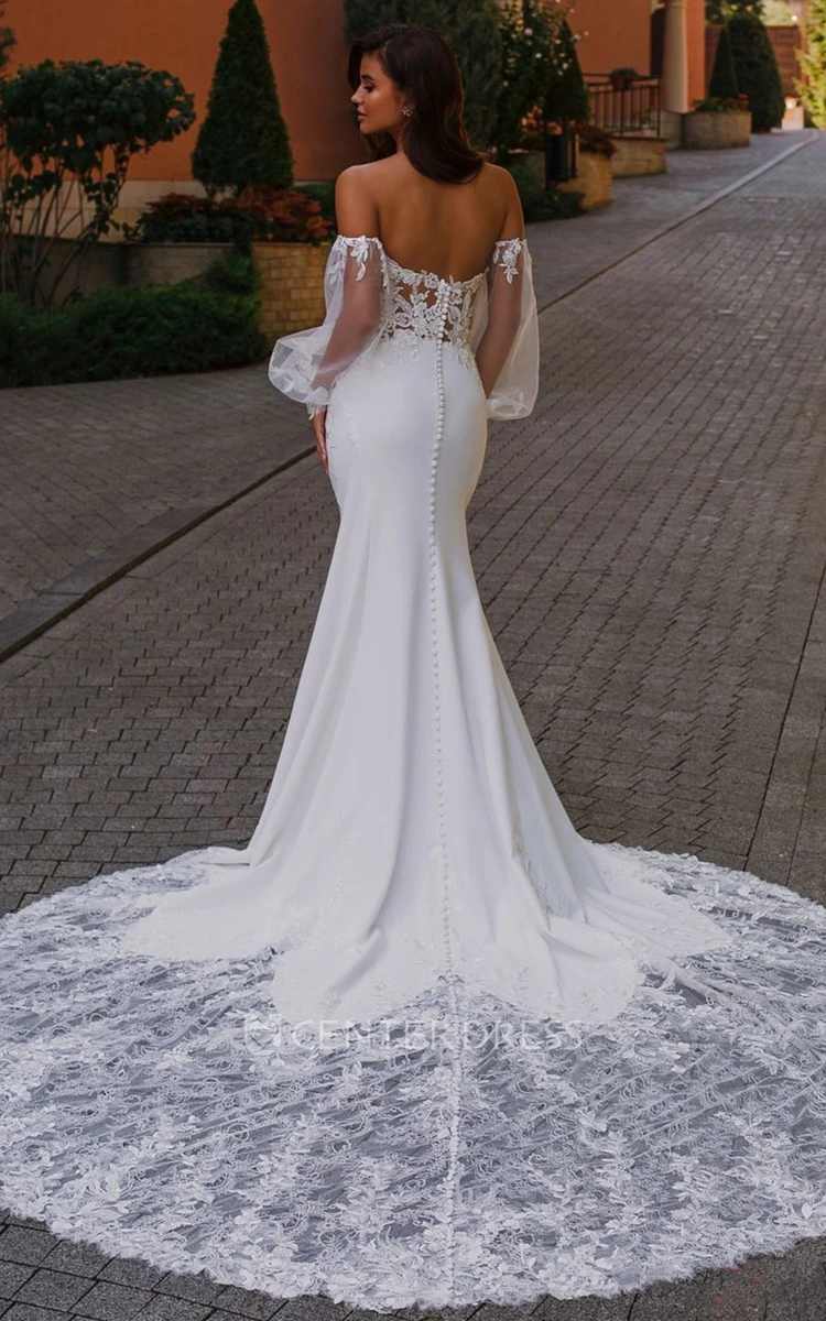 Sexy Mermaid Chiffon Tulle Plunging Neck Wedding Dress with Appliques