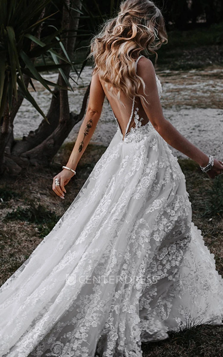 Lace A-Line Wedding Dress with Split Front Boho Country Garden Style