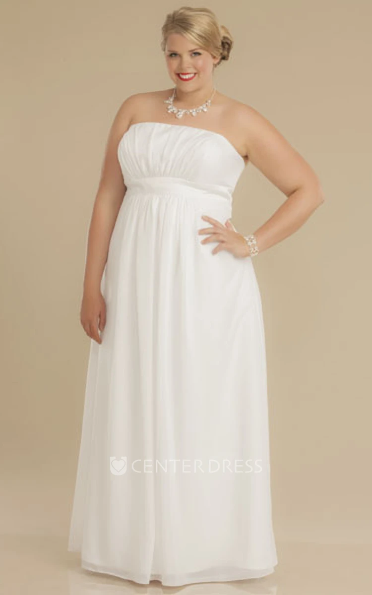 Sheath Square-Neck Ruched Empire Cap-Sleeve Chiffon Plus Size Wedding Dress With Waist Jewellery