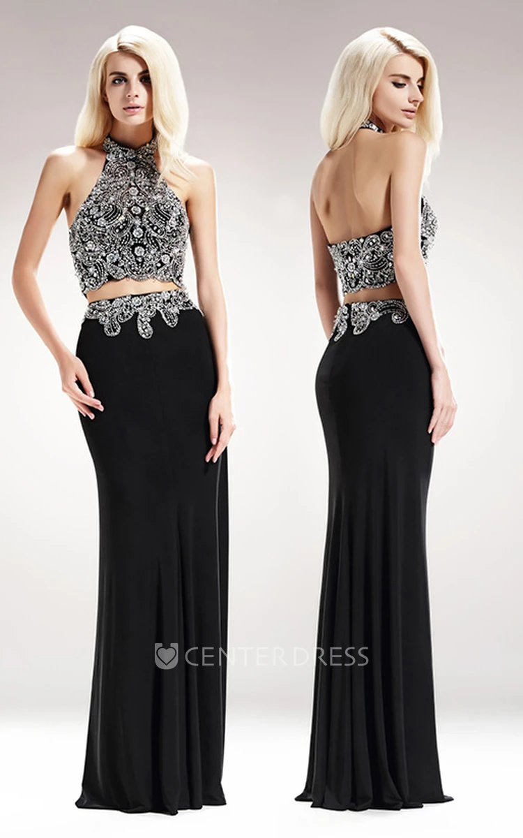 Two-Piece Sheath Maxi High Neck Sleeveless Jersey Backless Dress With Beading And Pleats