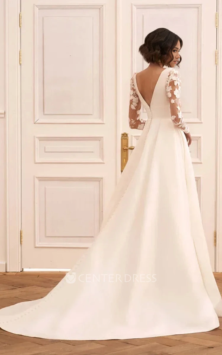 Romantic V-neck A-Line Satin Lace Long Sleeve Spring Wedding Dress Modern V Back Bridal Gown with Train