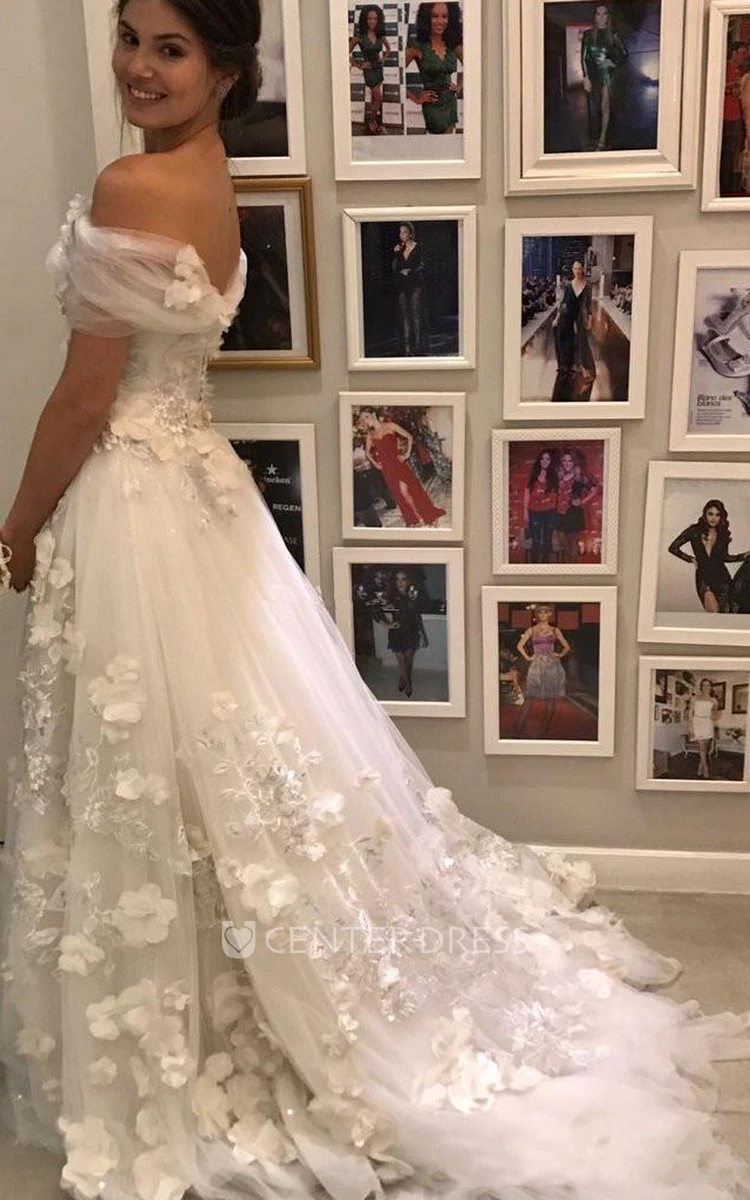 Romantic Garden Style Tulle Off-the-shoulder Cap Short Sleeve Wedding Dress with Appliques