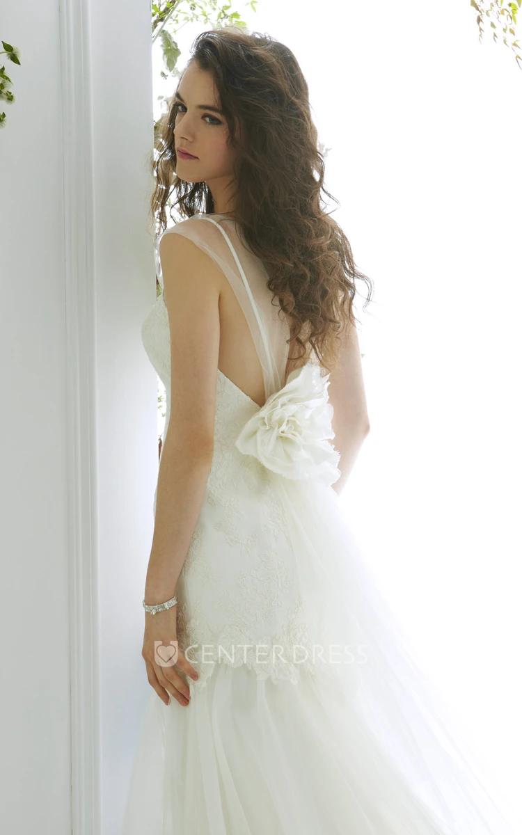 Trumpet Long Cap-Sleeve Lace Tulle Wedding Dress With Low-V Back And Flower