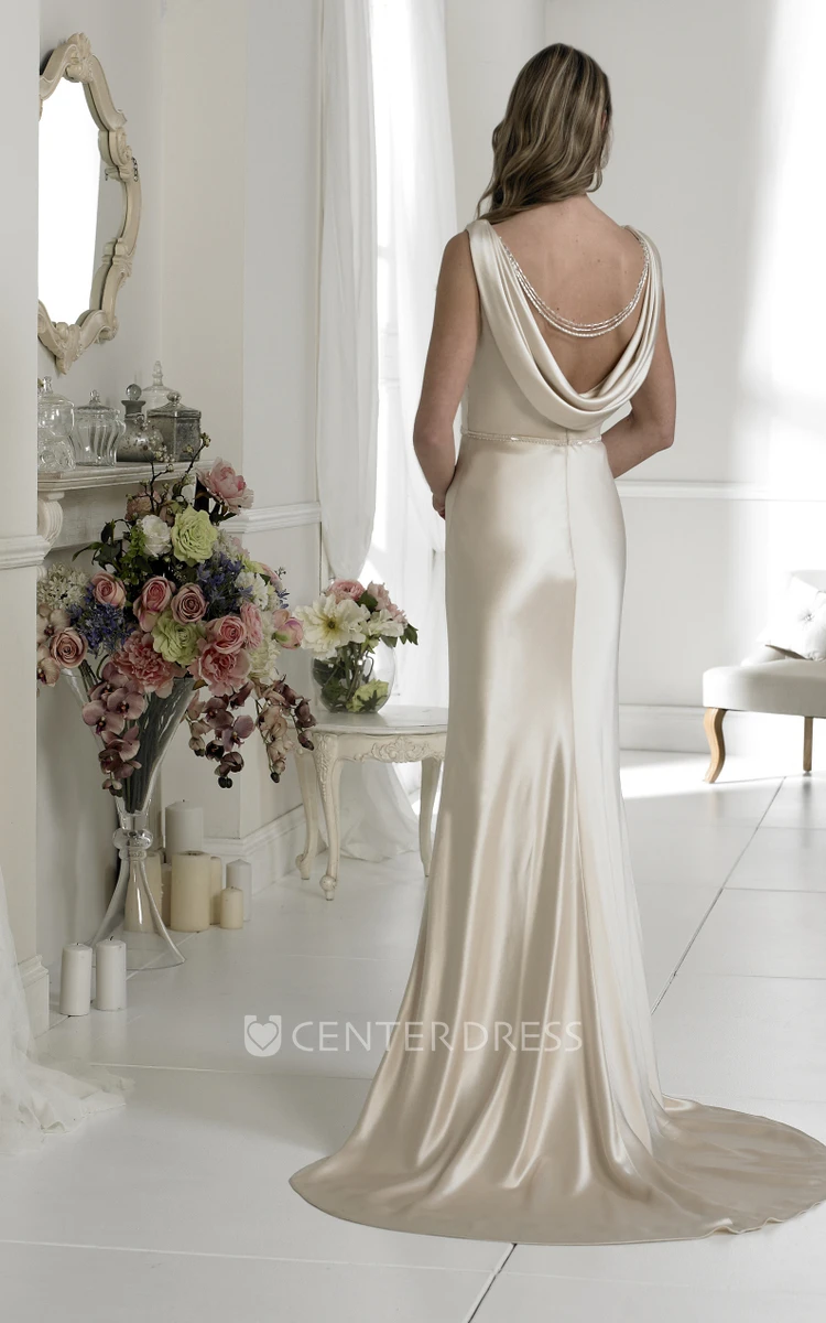 Sheath Cowl-Neck Sleeveless Satin Wedding Dress With Waist Jewellery