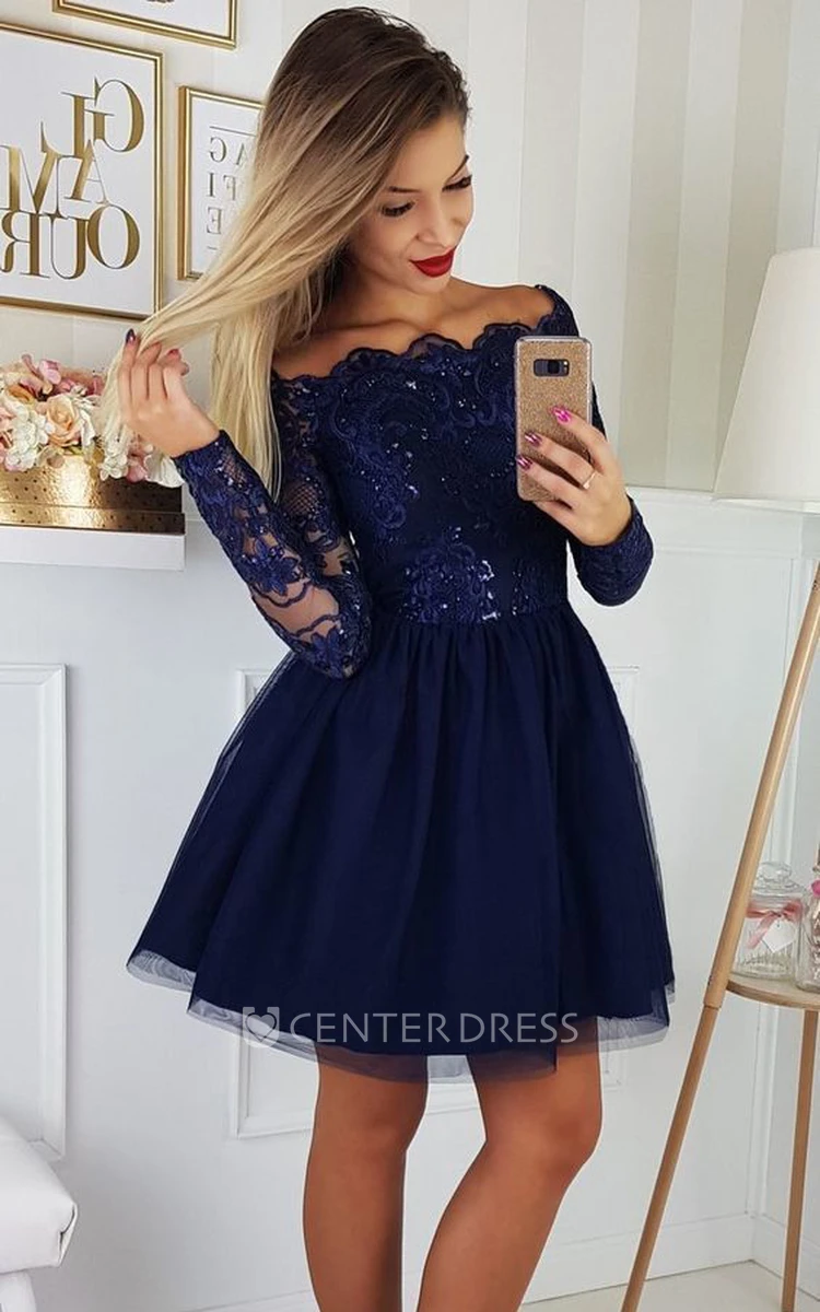 Modern A Line Lace Tulle Scalloped Long Sleeve with Pleats and Sequins Homecoming Dress