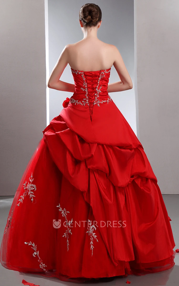 Strapless Layered Ball Gown Satin Prom Dress With Ruffles and Beading