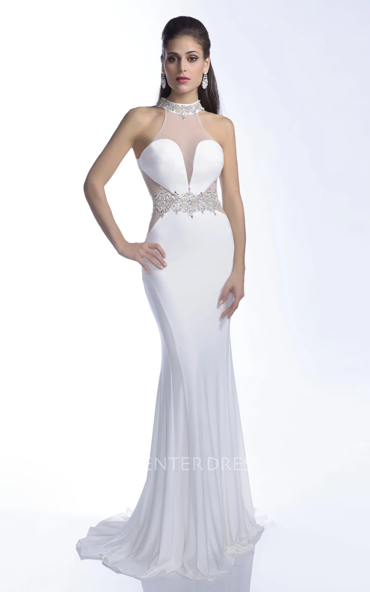 Jersey Mermaid Sleeveless Keyhole Back Prom Dress With Crystal Halter And Waistband
